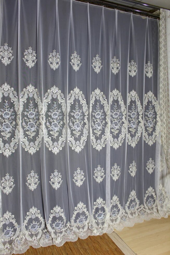 Тюль отрез 3.60 метра ширина грек фатин панно с цветами голубой цвет в гостиную ##от компании## Салон штор Arsian Textile - ##фото## 1