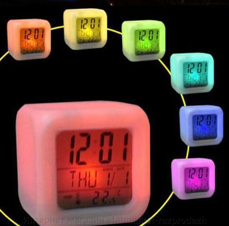 Годинник будильник з термометром, нічник, хамелеон - наявність