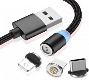 3 в 1 Магнітний кабель USB - Lightning для Apple, Micro Usb, Type-C з підсвічуванням