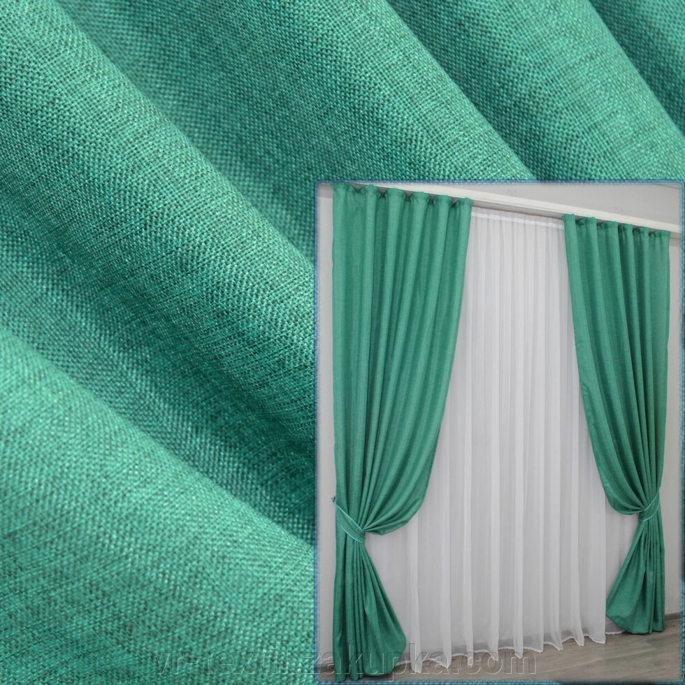 Готові штори (2шт. 1,5х2,7м.), колекція "Льон Мішковина" Колір бірюзовий. Код 111ш 30-370 від компанії Інтернет-магазин "VR-Textil" - фото 1