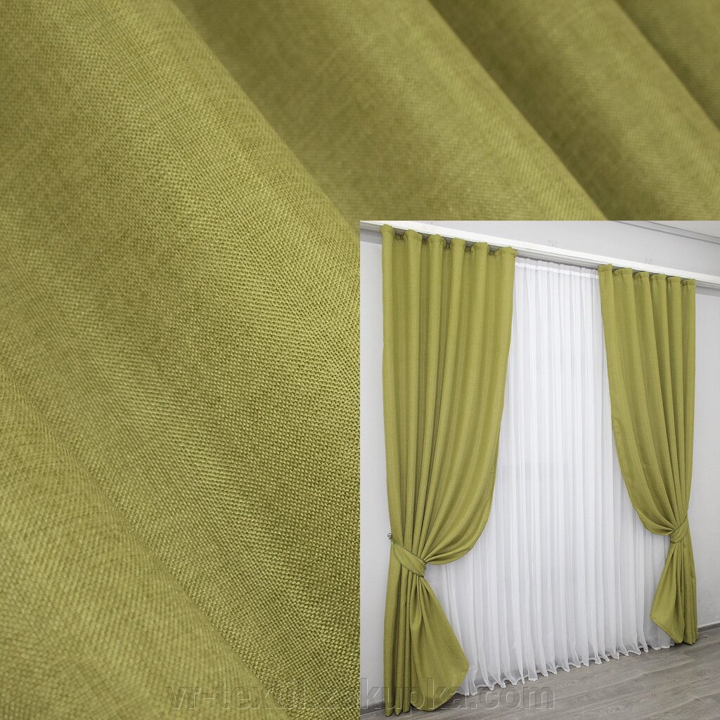 Комплект (2шт. 1.5х2.75м) готових штор, колекція "Льон Мішковина". Колір оливковий. Код 106ш  30-021 від компанії Інтернет-магазин "VR-Textil" - фото 1