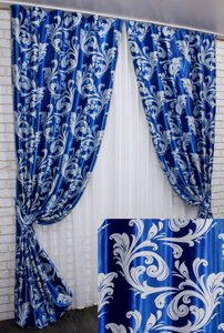 Комплект готових штор з тканини блекаут, колекція "Лілія". Колір синій. Код 689ш (А)