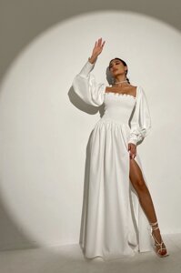 Біле вечірнє плаття в підлогу з відкритими плечами та розрізом р. S-M, L-XL