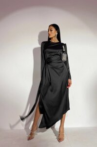 Чорна вечірня сукня міді шовкова асиметрична р. S, M, L, XL