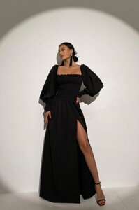 Чорне вечірнє плаття в підлогу з відкритими плечами та розрізом р. S-M, L-XL