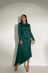 Смарагдова вечірня сукня міді шовкова асиметрична р. S, M, L, XL