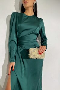 Смарагдова вечірня сукня міді шовкова асиметрична р. S, M, L, XL