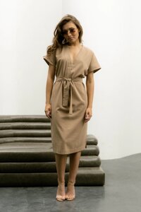Коротка Елегантна Сукня з Льону під Пояс Бежева S-M, L-XL, 2XL-3XL