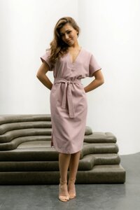 Коротка Елегантна Сукня з Льону під Пояс Рожева S-M, L-XL, 2XL-3XL