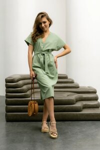 Коротка Елегантна Сукня з Льону під Пояс Зелена S-M, L-XL, 2XL-3XL