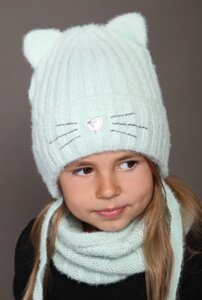 Красива Зимова Шапка на зав'язках для Дівчаток Пухнаста Пряжа Кішка ОГ 50-54 (3-7 років)