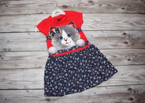 Красиве Літній Платье для Дівчатка Котик Червоне Роза Зростання 92-116 см