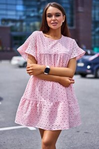 Літній Коротке Платье Вільного фасонів з прошвами Персиковое S, M, L, XL