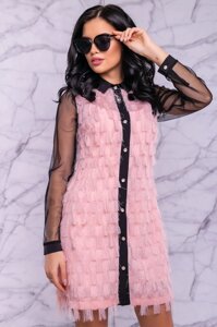 Модне Платье Сорочка з Бахромою і Рукавами з Сіточки Персиковое M-2XL