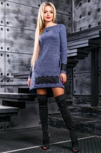 Ніжне Тепле Платье Туніка з гіпюру Синє S-XL