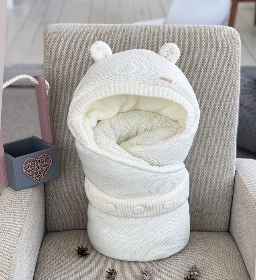 Детский Теплый Конверт-одеяло Хлопковая Пряжа на Синтепоне Молочный Мишутка - фото