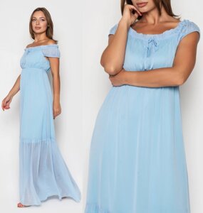 Романтичне Шифонове Платье Довге з Відкритими Плечима і Рюшами Блакитне XS-S, M-L, L-XL