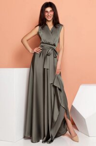 Струящееся Шелковое Платье Длинное на запах Хаки S, М, L, XL