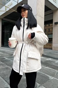 Тепла Зимова Куртка з Екошкіри Жіноча з Капюшоном Біла р. S-M, L-XL
