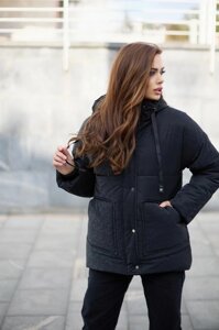 Тепла Зимова Куртка Жіноча Прямого фасонів з Каптуром Чорна S-M, L-XL