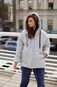 Тепла Зимова Куртка Жіноча Прямого фасонів з Каптуром Сіра S-M, L-XL