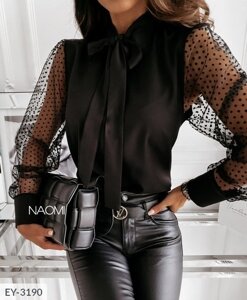 Блуза жіноча красива чорна нарядна вечірня з рукавами з сітки в горох і бантом на грудях арт-3191