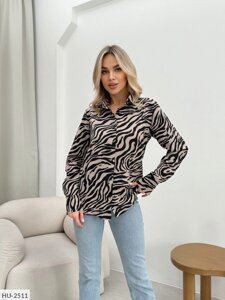 Блуза сорочка жіноча стильна ділова модна з довгим рукавом з легкого софту принт зебра розміри 42-48 48