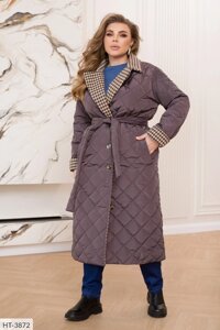 Куртка жіноча пальто довга стьобана нижче колін на гудзиках з поясом весна-осінь великі розміри 46-68