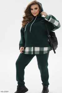Натуральний жіночий спортивний костюм на флісі худі у клітинку вільного фасону та штани великі розміри 48-70