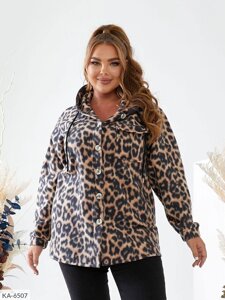 Сорочка жіноча тепла прогулянкова флісова з леопардовим принтом з капюшоном великих розмірів 50-58