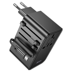 Мережевий фільтр HOCO AC18A на 1 розетку + 2 USB + USB-C, 35W, кабель 1,5 м, 220В, Black, Box