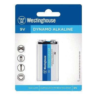 Лужна батарейка Dynamo Alkaline 9V/6LR61 Крона 1шт/уп blister Westinghouse 6LR61-BP1 від компанії ТОВ АЛЬТАВІРА - Прилади КВП, лабораторне, випробувальне обладнання - фото 1