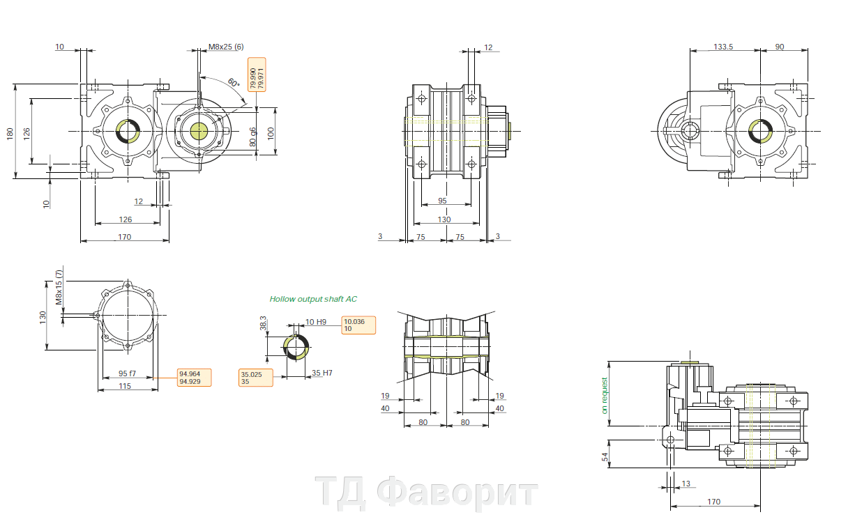 чертеж Насадной цилиндрический редуктор S RN 32 B3 H1 8.84 100 B14 AC 35Varvel