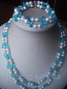 Набір з натуральних перлів з кристалами Сваровски (блакитний)