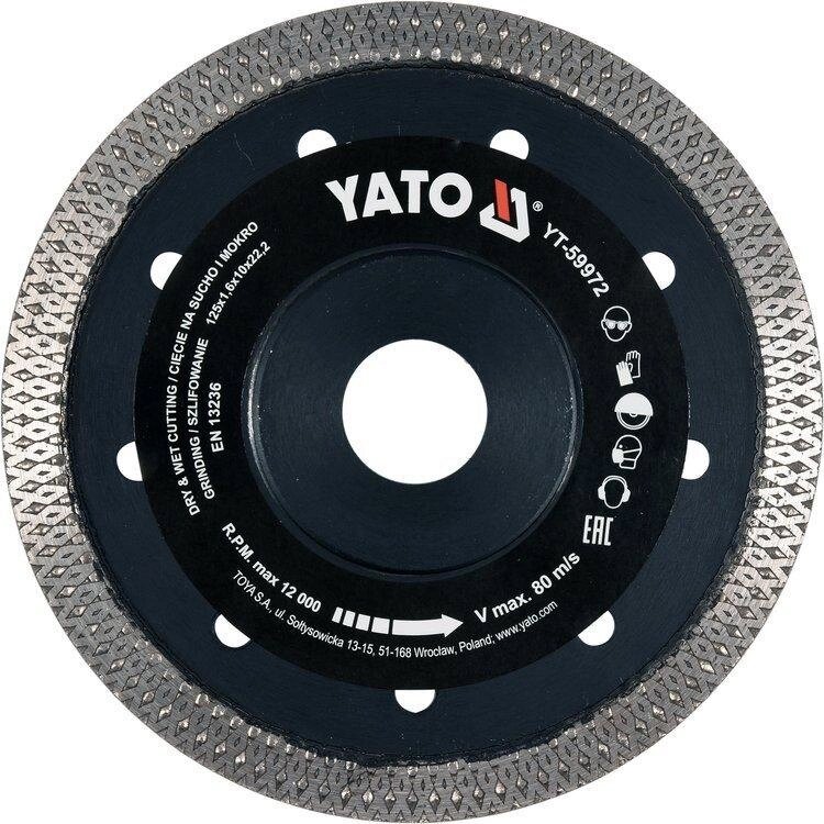 Диск відрізний алмазний Ø= 125x1.6x10x22.2 мм по гресу/ скла/кераміці мокрий/сухий рез Yato YT-59972 (Польща) від компанії Магазин інструменту та обладнання "Викрутки" - фото 1