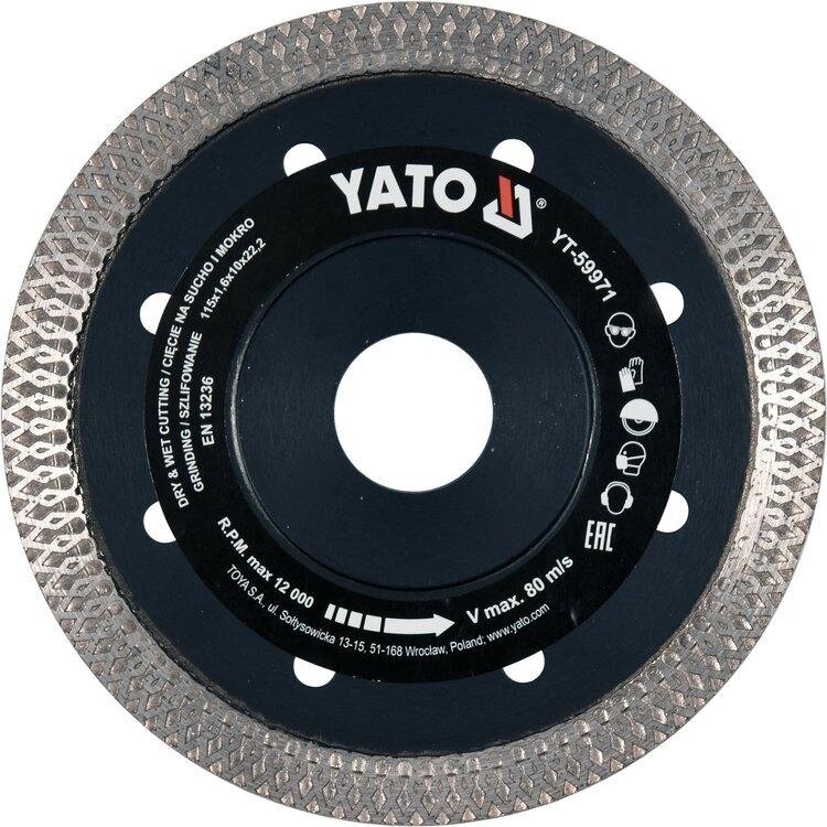 Диск відрізний алмазний по гресу/ скла/ кераміці Ø=115x1.6x10x22.2 мм Yato YT-59971 (Польща) від компанії Магазин інструменту та обладнання "Викрутки" - фото 1