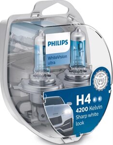 Комплект галогенових ламп PHILIPS 12342WVUSM H4 60/55W 12V P43t WhiteVision ultra +60%