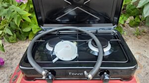 Газова настільна плита Ferre O-200-BL 2-х конфоркова Туреччина з кришкою редуктор та шланг 2м