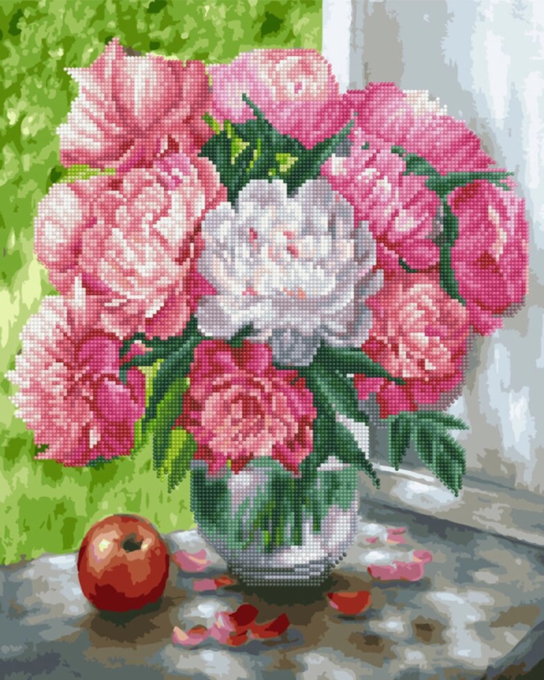 GZS 1012 Біло-рожеві півонії Алмазна картина-розмальовка (змішана техніка) від компанії Кратус - фото 1