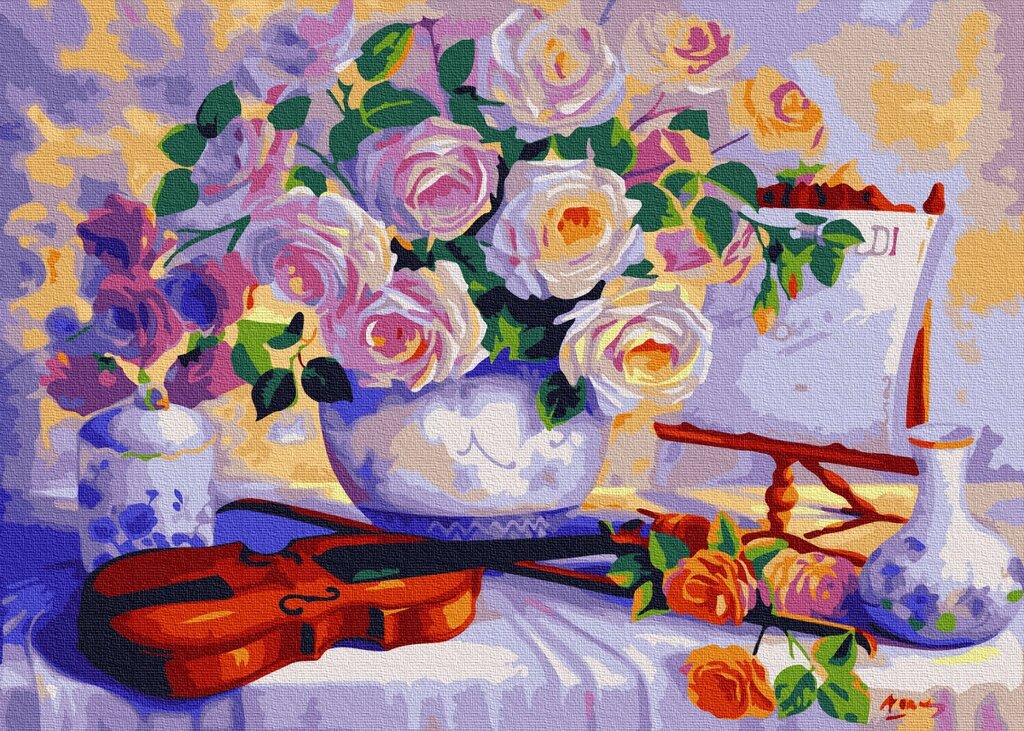 KG378 Троянди зі скрипкою по номерам на полотні 40х50см від компанії Кратус - фото 1
