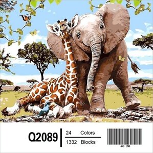 Q2089 "Слоненя і жираф" Розпис по номерам на полотні 40х50см