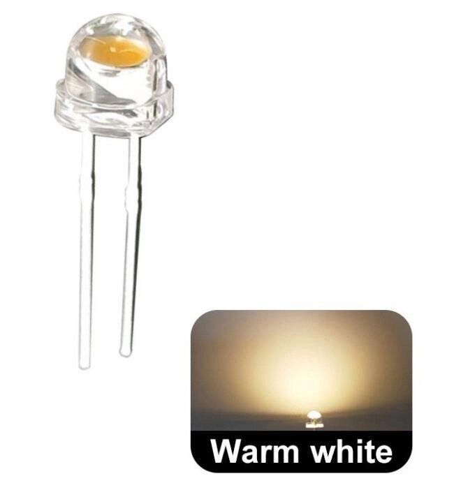 Світлодіод яскраво-білий теплий 5 мм (солом'яний капелюх із великим кристалом 120 градусів) 3 В від компанії Кратус - фото 1