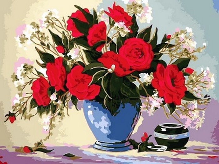 VK 091 "Троянди у синій вазі" Розпис по номерам на полотні 40x30 см від компанії Кратус - фото 1