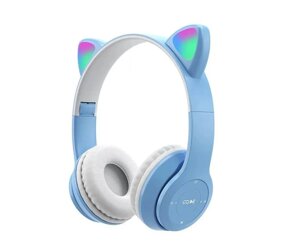 Дитячі бездротові навушники світні вушка кішки P47 Bluetooth 5.0 з мікрофоном, голубі