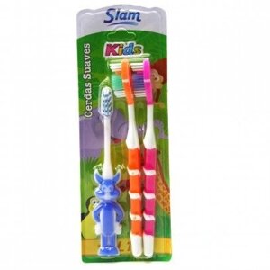 Зубна щітка в наборі (2 дорослих + 1 дитяча) нейлон з фігурою зайчик 4 кольори на аркуші 3 штуки.