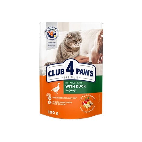 100 р. CLUB 4 PAWS PREMIUM КОНСЕРВОВАНИЙ КОРМ ДЛЯ ДОРОСЛИХ КОТІВ З КАЧКОЮ В СОУСІ КУПИТИ CLUB 4 PAWS ПРЕМІУМ " від компанії Медовий Рай - фото 1