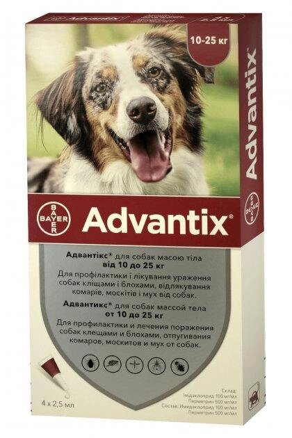 Bayer Advantix (Адвантикс) капли на холку для собак 10-25кг Адвантікс ціна за 1 піпетку від компанії Медовий Рай - фото 1