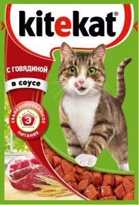 Вологий Корм з яловичиною в соусі для дорослих кішок Kitekat 100г (кітікет)