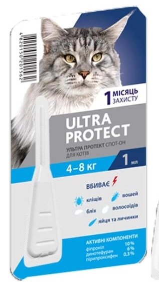 Краплі на холку Palladium Ultra Protect від паразитів для кішок вагою від 4 до 8 кг, 1 піпетка від компанії Медовий Рай - фото 1