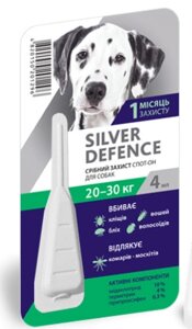 Срібний Захист для собак 20-30 кг Silver Defence краплі на холку від бліх, кліщів, 1 піпетка